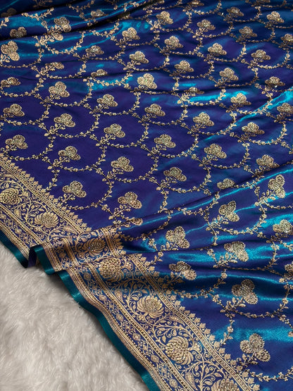 Satin Silk Saree Swarovski Work Jaal in Peacock Blue Shades BSS23 (R)