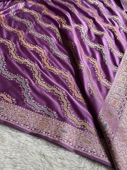 Banarasi Minakari Cross Pattern in Lavender Shades Mashru Silk Saree MCS93