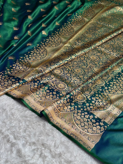 Cross Green Floral Banasari Pattern Satin Katan Silk Saree SK83