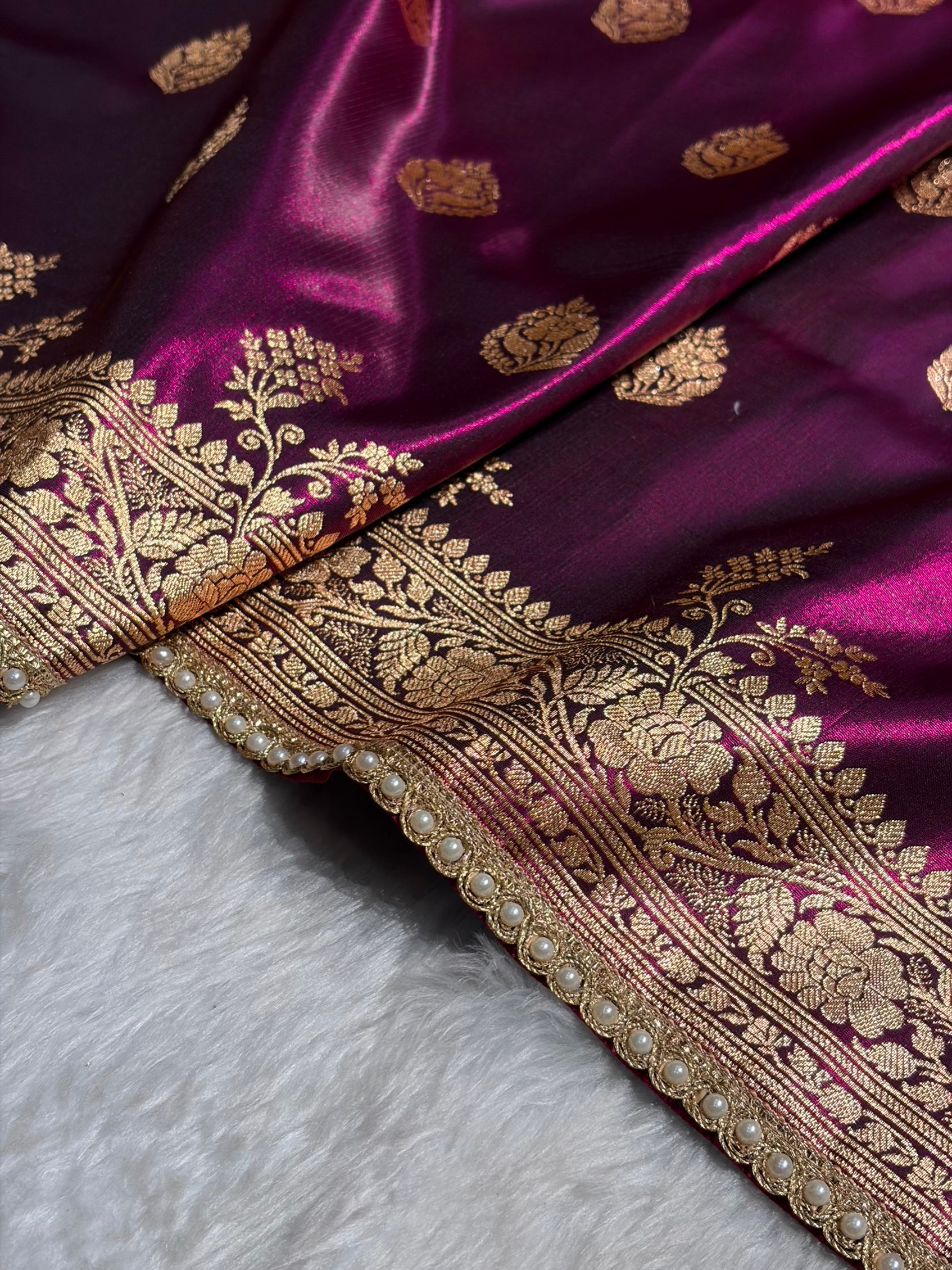 Banarasi Satin Silk Saree With Gotta Patti Booti Motif in Wine Shades SSGP20