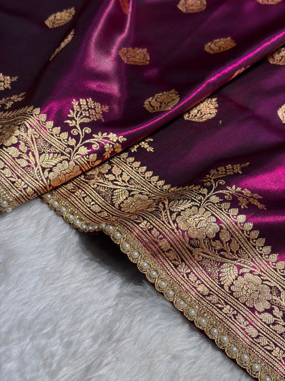 Banarasi Satin Silk Saree With Gotta Patti Booti Motif in Wine Shades SSGP20