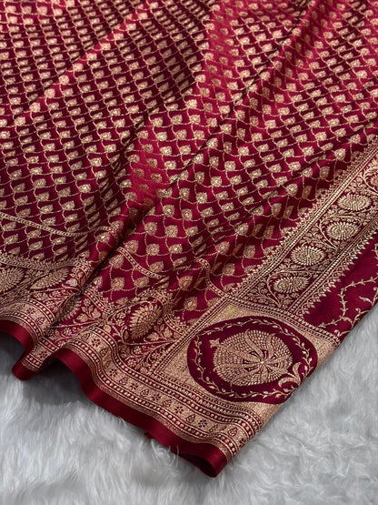 Banarasi Satin Katan Saree With Boota in Magentic Red Shades SK103