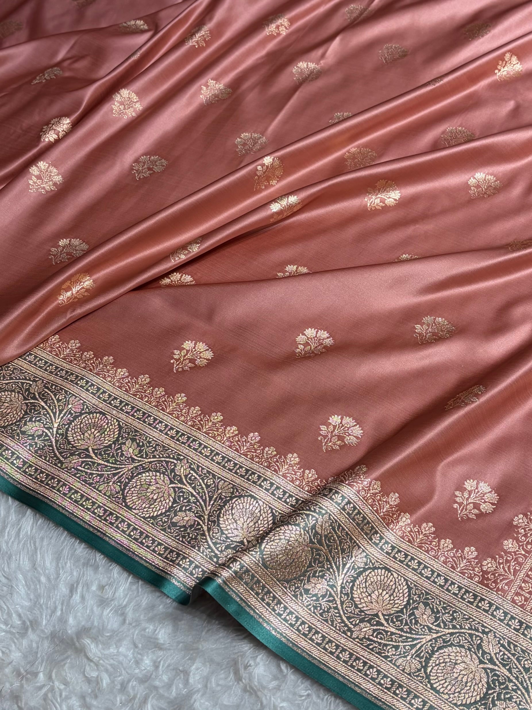 Dusty Mauve - Turquoise Banarasi Boota Katan Silk Saree SKM29