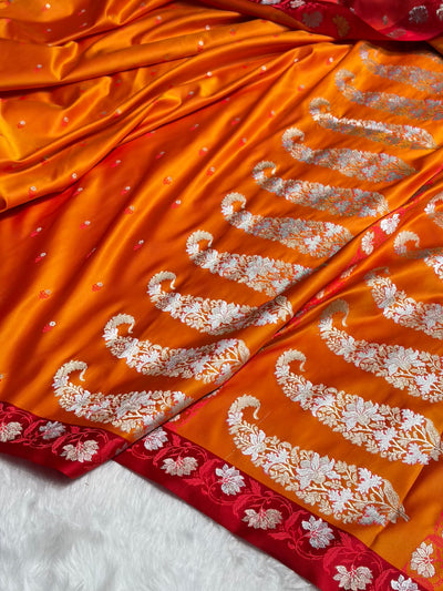 Orange With Red Floral Boota With Floral Border Mashru Silk Saree MSM 78