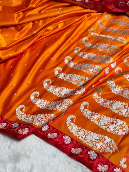 Orange With Red Floral Boota With Floral Border Mashru Silk Saree MSM 78