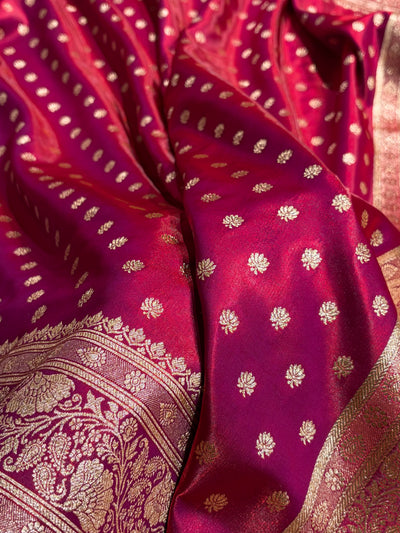 Magentic Red Shades Booti Pattern Banarasi Satin Silk Saree SS54