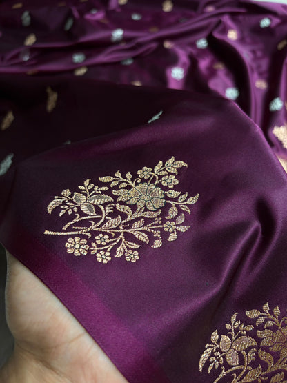 Dark Wine Shades Banarasi With Floral Border Mashru Silk Saree MSM-126