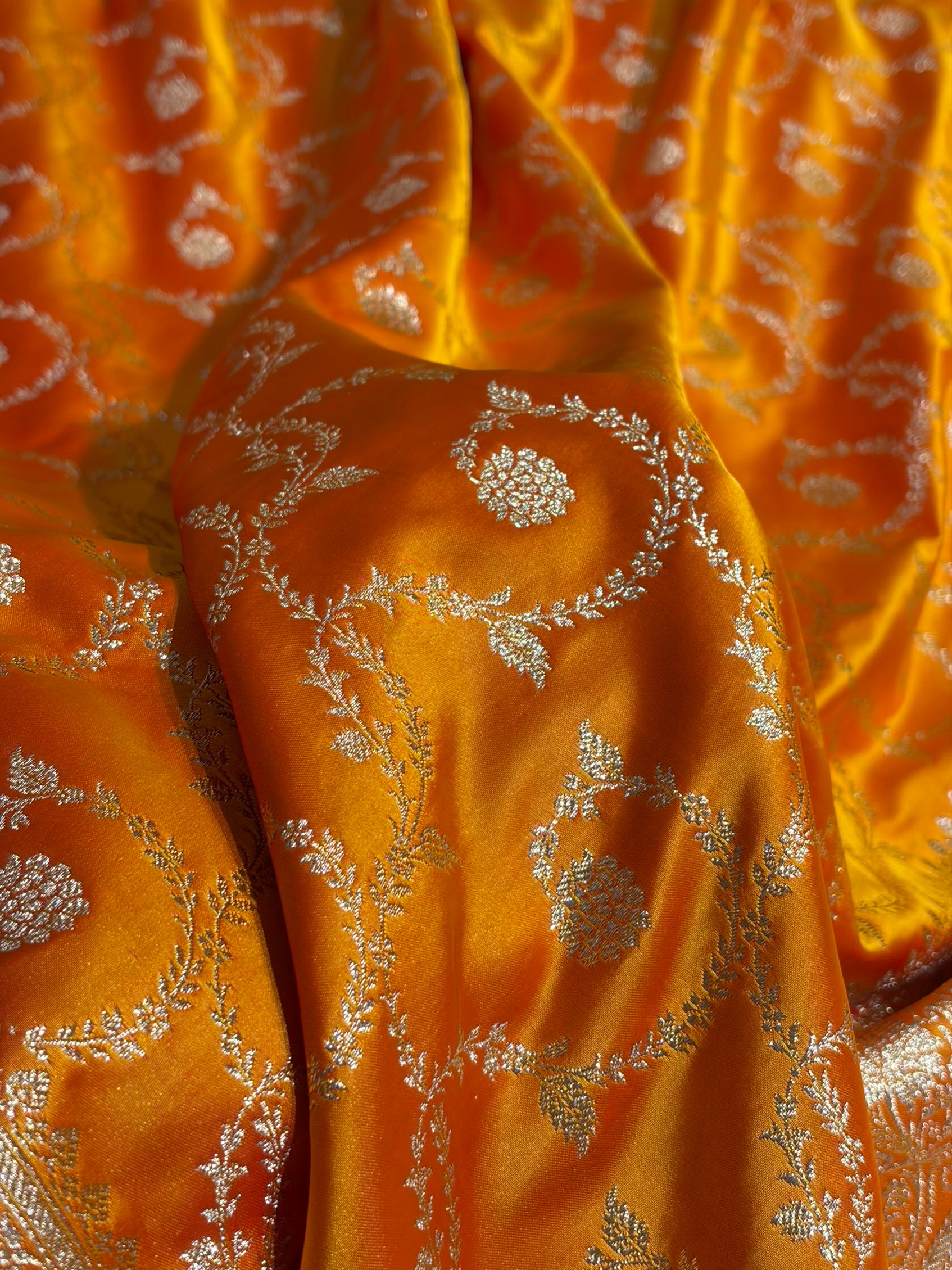 Banarasi Fanta Orange Floral Jaal Pattern Satin Katan Silk saree SK55