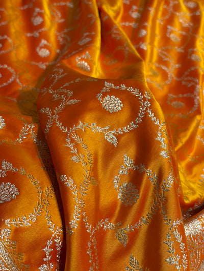 Banarasi Fanta Orange Floral Jaal Pattern Satin Katan Silk saree SK55