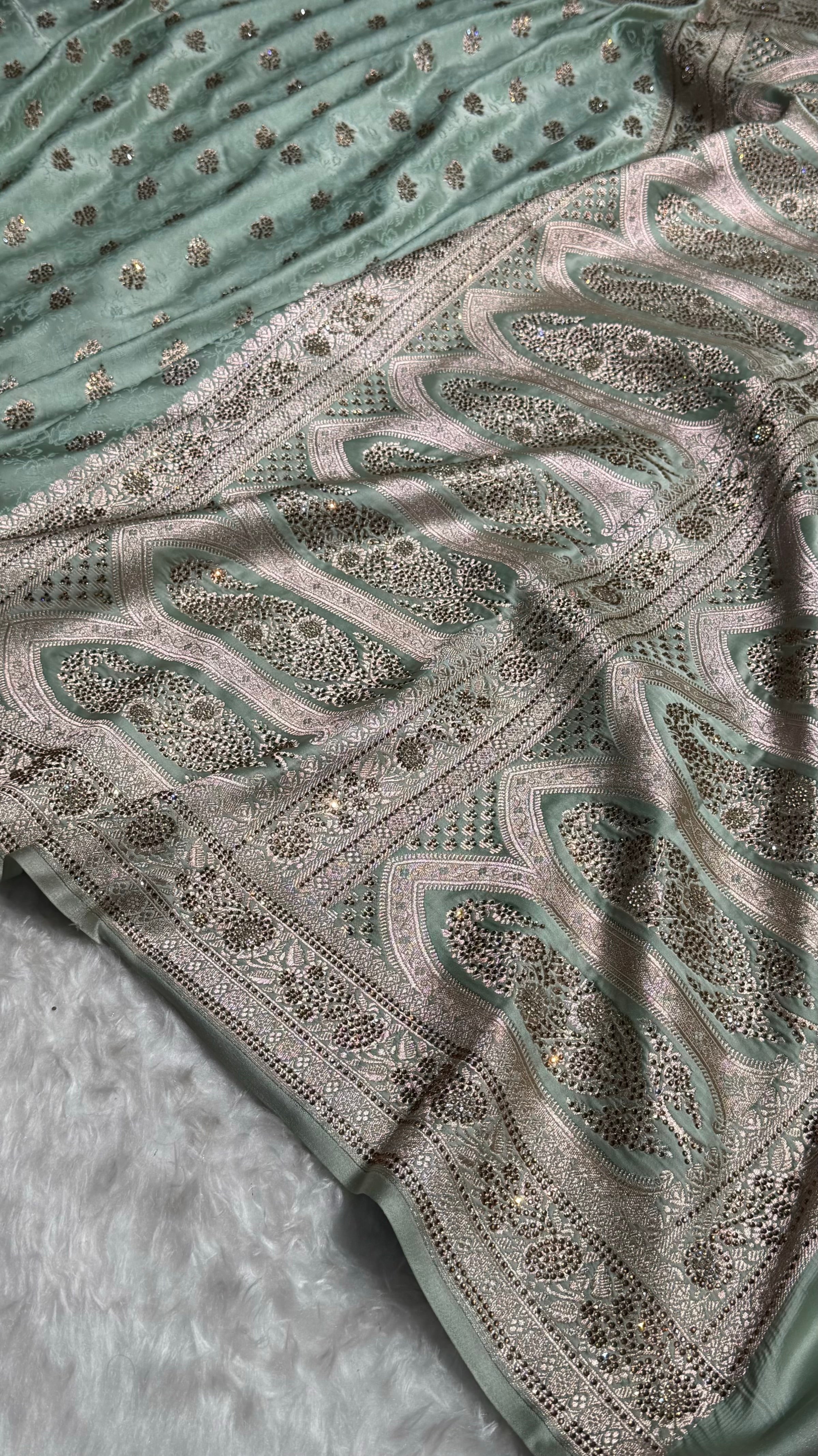 Sea Green Shades Tanchoi Motif With Swarovski Work Mashru Silk Saree BMST-10