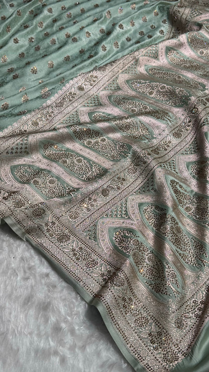 Sea Green Shades Tanchoi Motif With Swarovski Work Mashru Silk Saree BMST-10