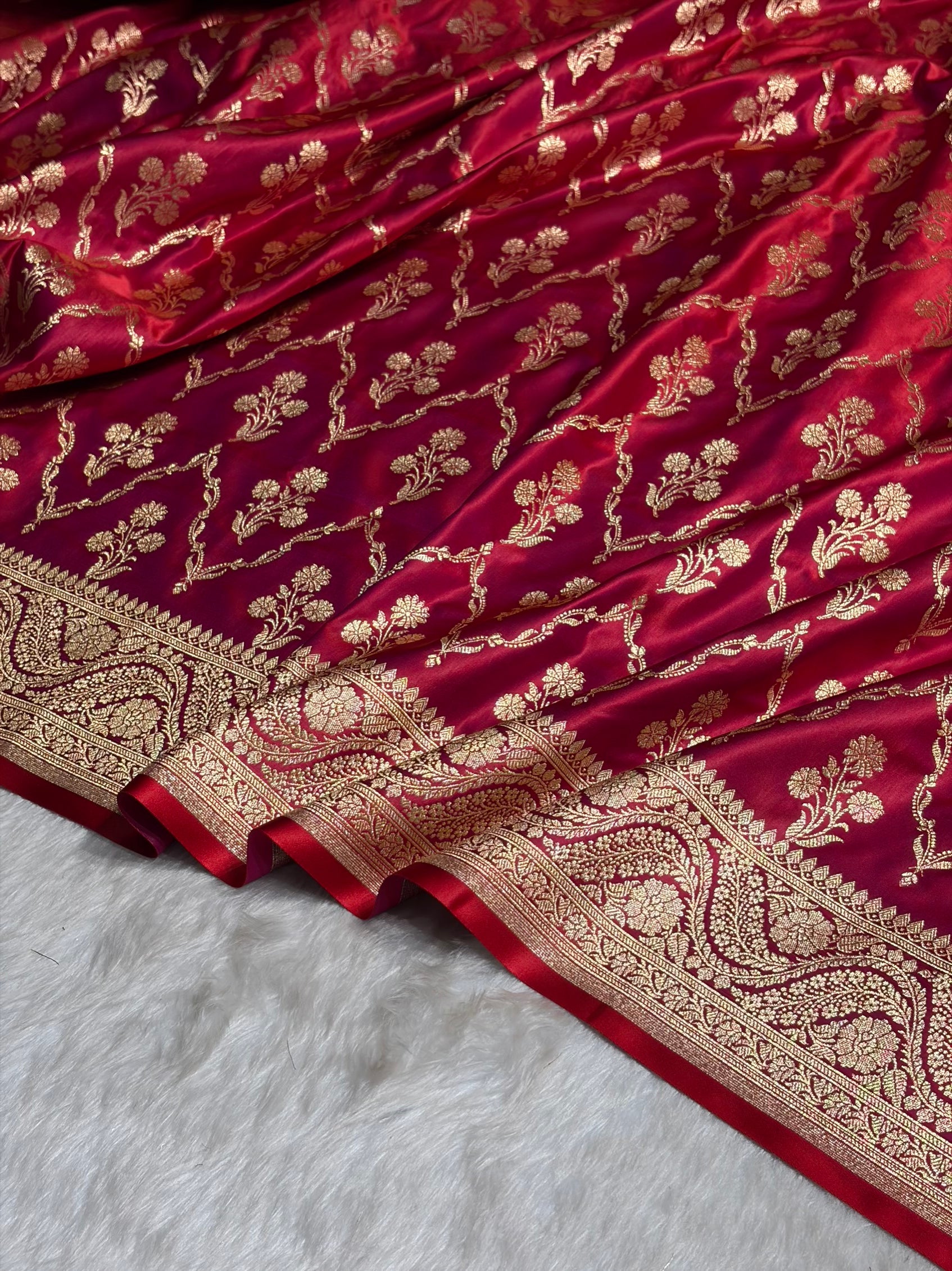 Megentic Red Cross with Boota Pattern Satin Katan Silk Saree SK67