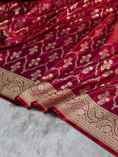 Megentic Red Cross with Boota Pattern Satin Katan Silk Saree SK67