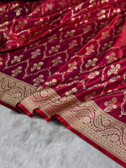 Megentic Red Cross with Boota Pattern Satin Katan Silk Saree SK67