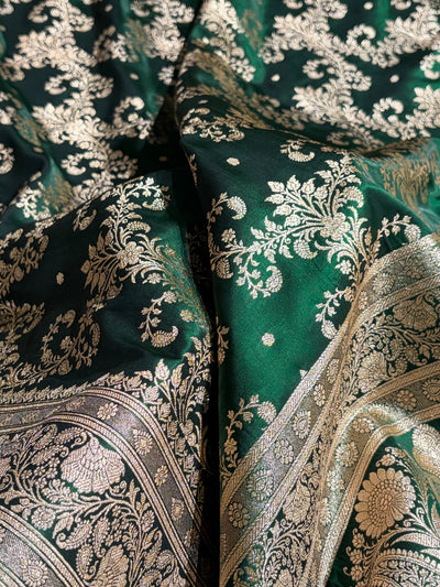 Bottle Green Shades Jaal Pattern Banarasi Satin Silk Saree SS49