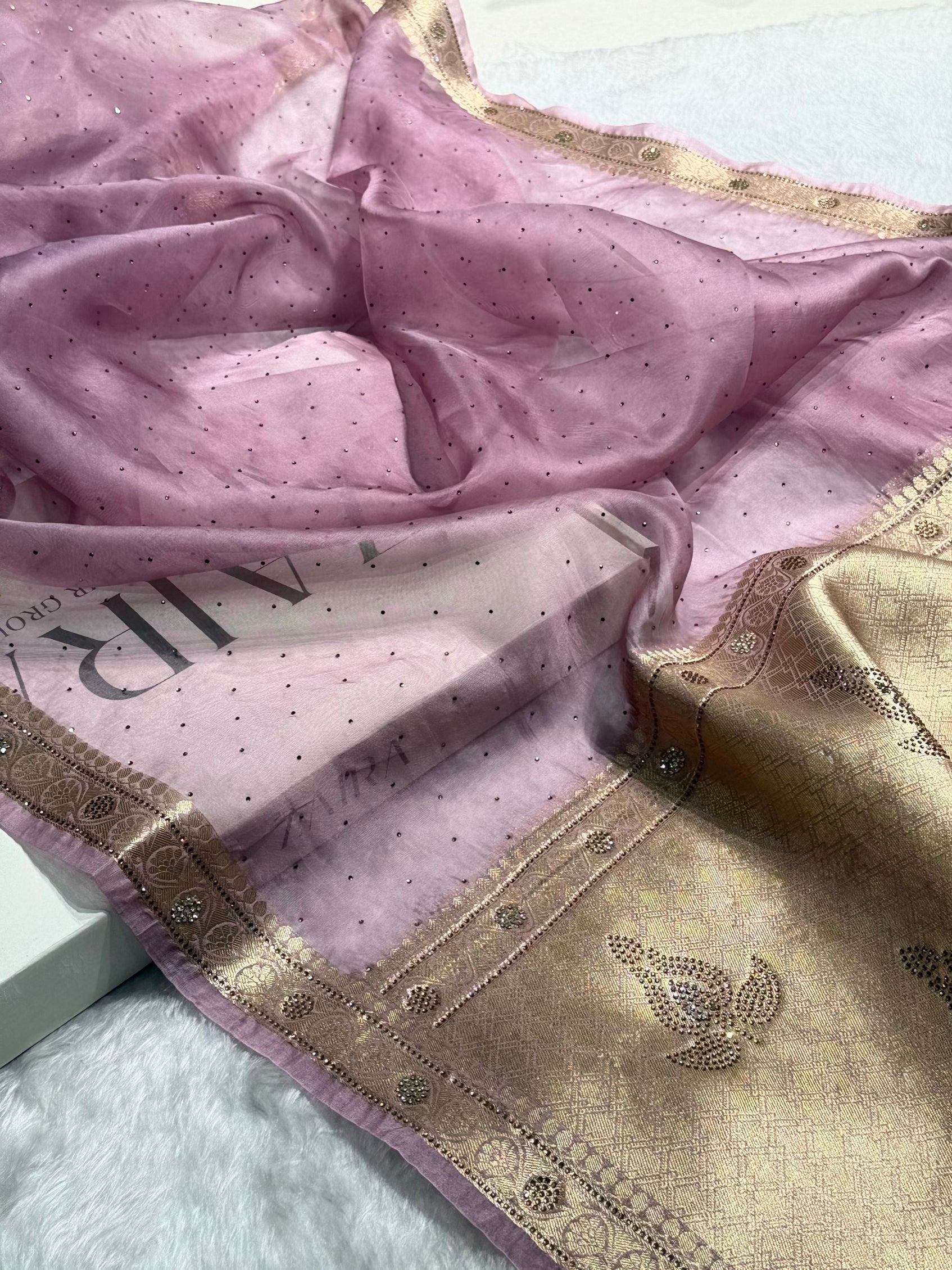 Dusty Lavender Shades Bananasi Birdal Pure Oragnza Saree with Swarovski Work and Brocade Blouse BPO-44