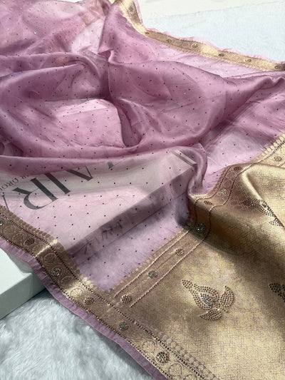 Dusty Lavender Shades Bananasi Birdal Pure Oragnza Saree with Swarovski Work and Brocade Blouse BPO-44