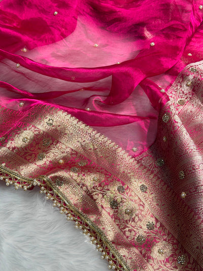 Rani Pink Shades Pure Tissue Silk With Banarasi Swarovski Work Saree with Brocade Blouse BPGPT-08
