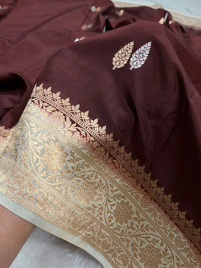 Banarasi Chocolate With Cream Contrast Shades  Boota Handwoven Pure Katan Paper Silk RM-76