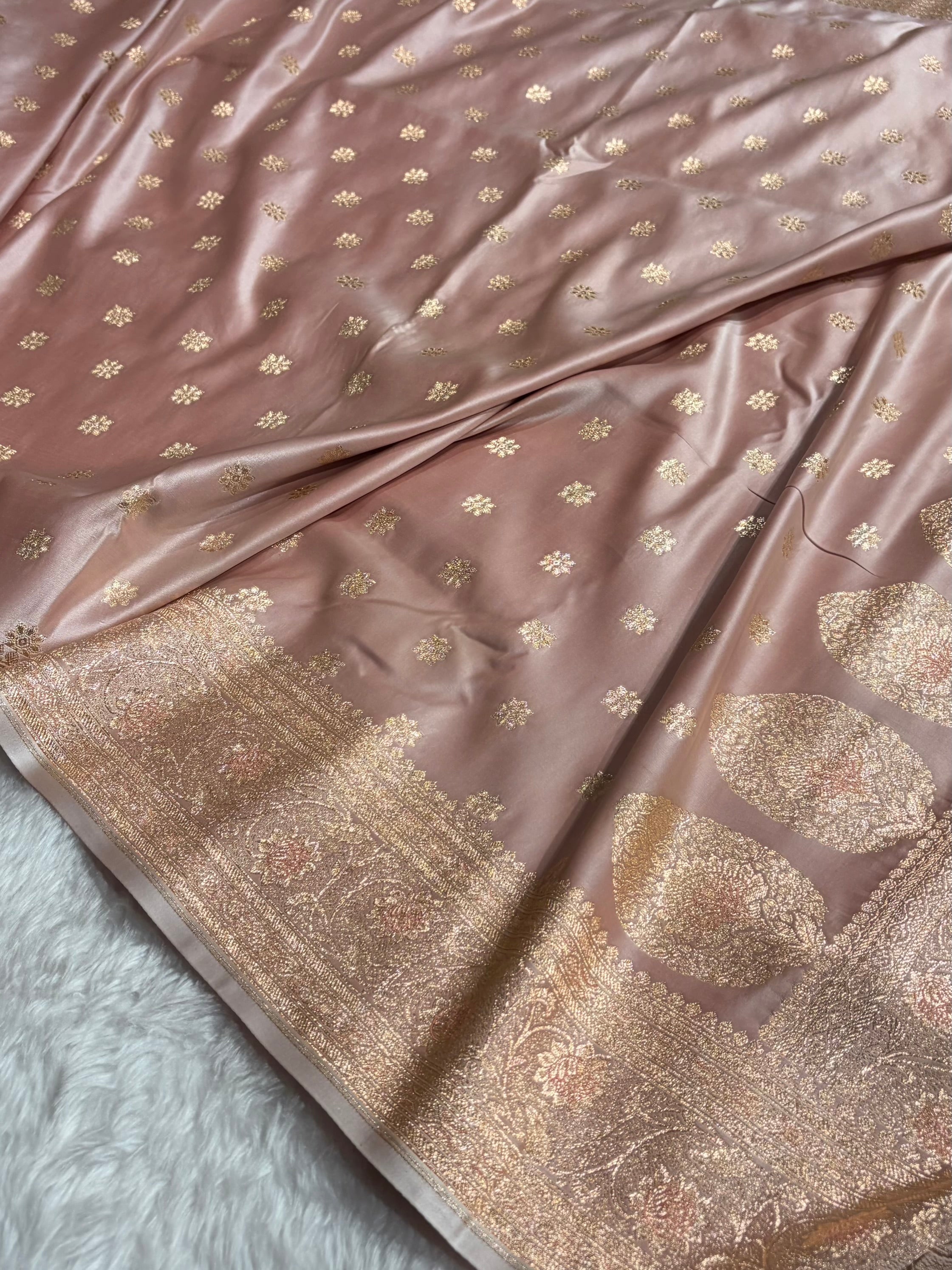 Rose Gold Banarasi Minakari Boota Katan Silk Saree
