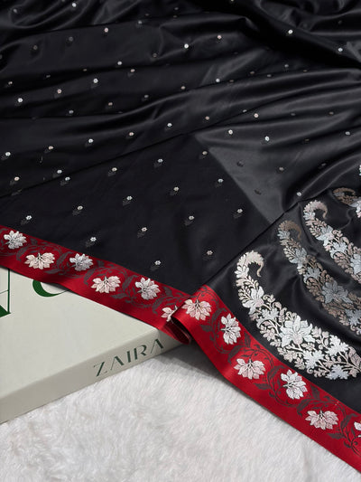 Contrast Black With Red Floral Boota With Floral Border Mashru Silk Saree MSM 78