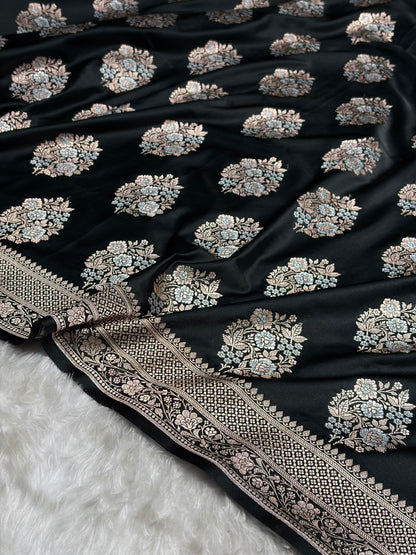 Premium Banarasi Satin Katan Saree With Minakari Boota in Black Shades SK93