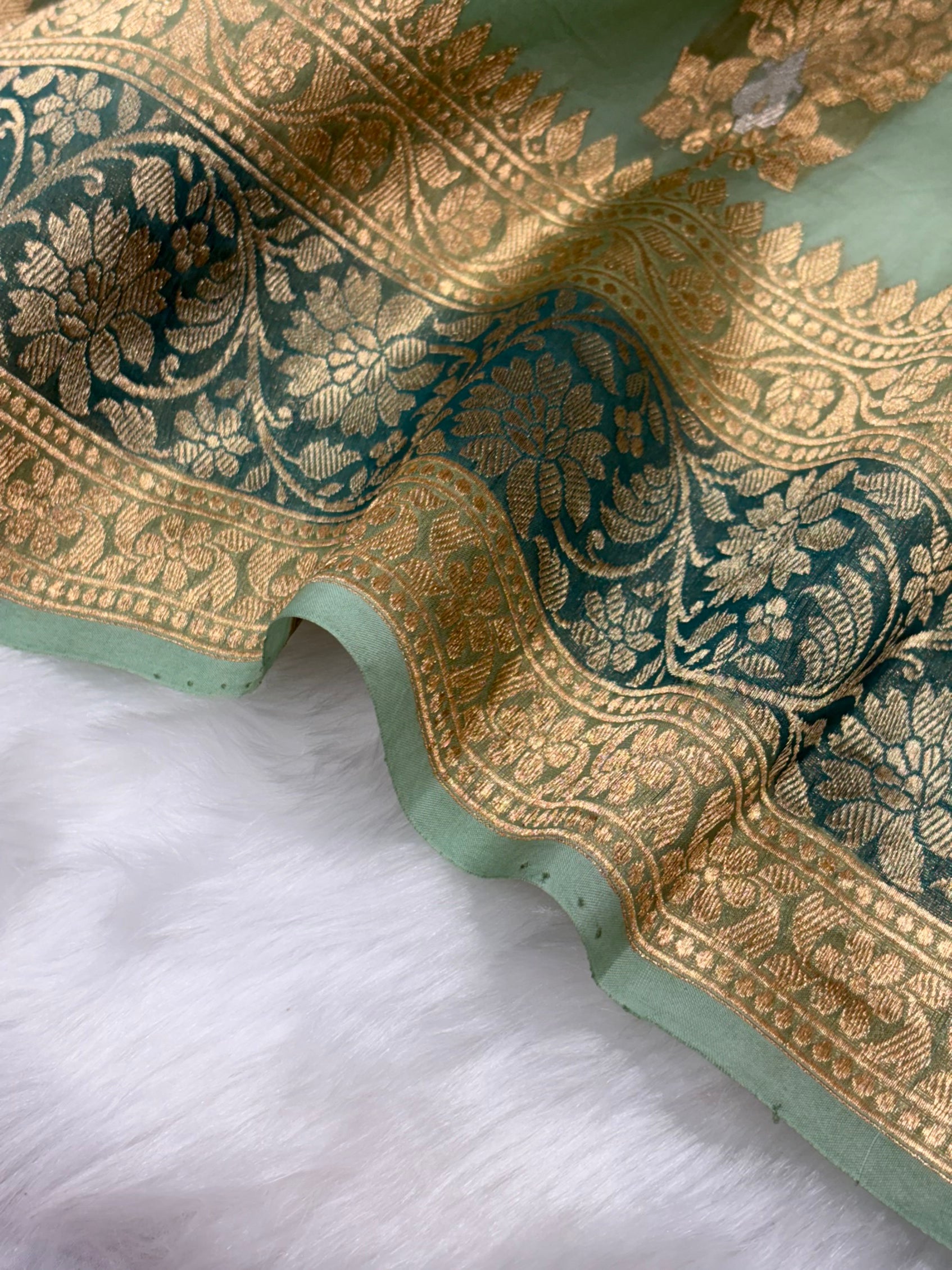 Pure Organza Light Green Meena Floral Banarasi Silk Saree PO-04