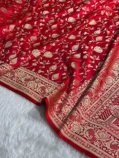 Banarasi Satin Katan Saree With Jaal Pattern in Red Shades SK120
