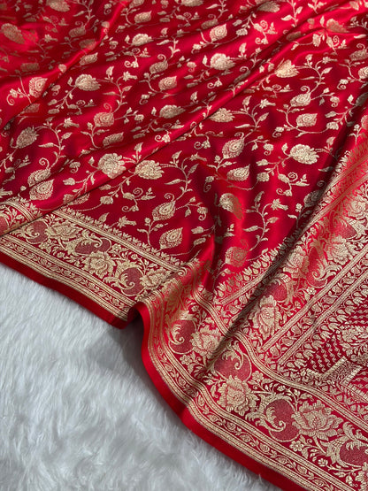 Banarasi Satin Katan Saree With Jaal Pattern in Red Shades SK120