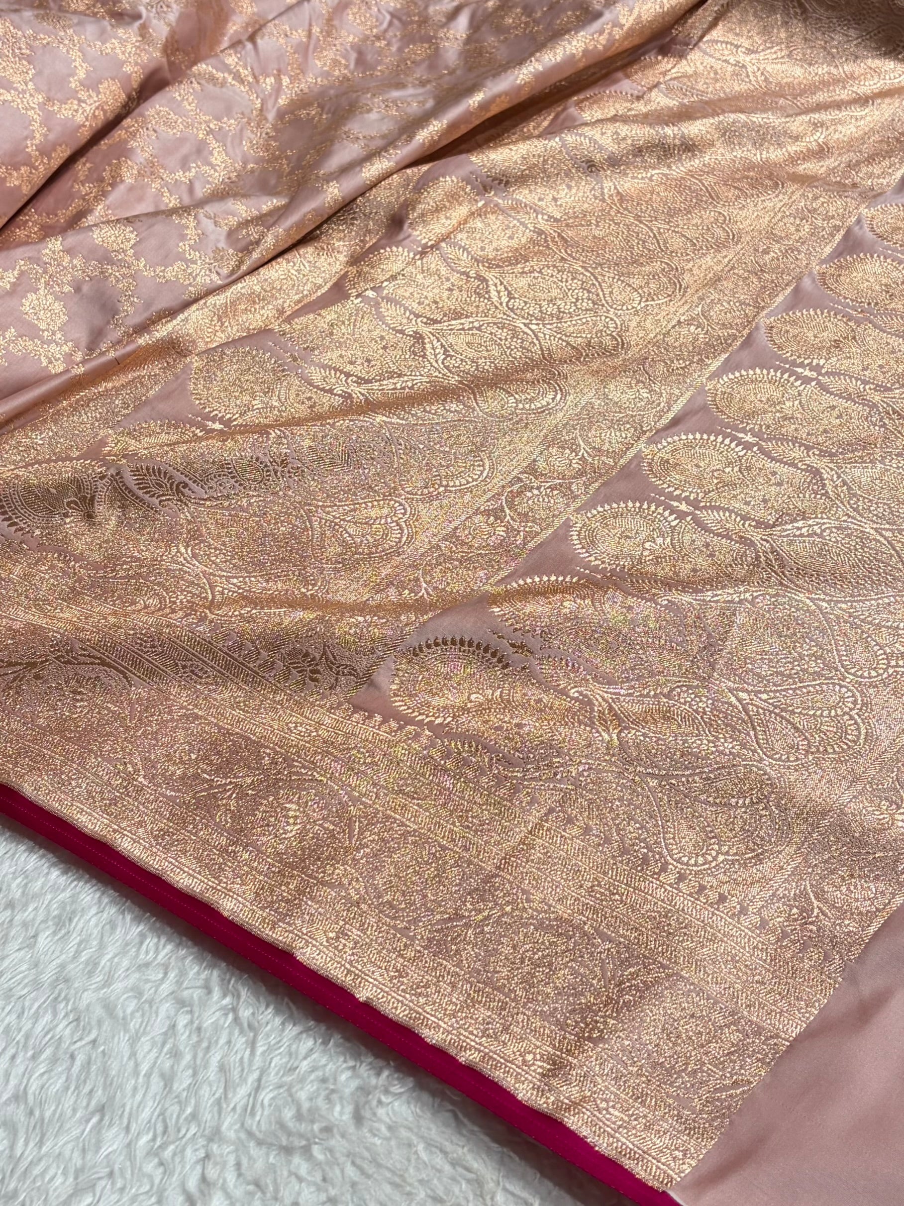 Banarasi Rose Gold Jaal Pattern Satin Katan Silk Saree SK25