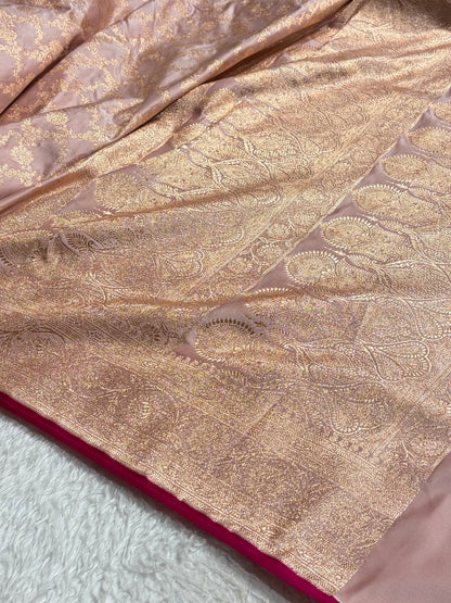 Banarasi Rose Gold Jaal Pattern Satin Katan Silk Saree SK25