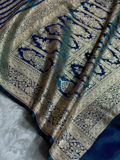 Peacock Shades Stripe Pattern Banarasi Satin Silk Saree SS46