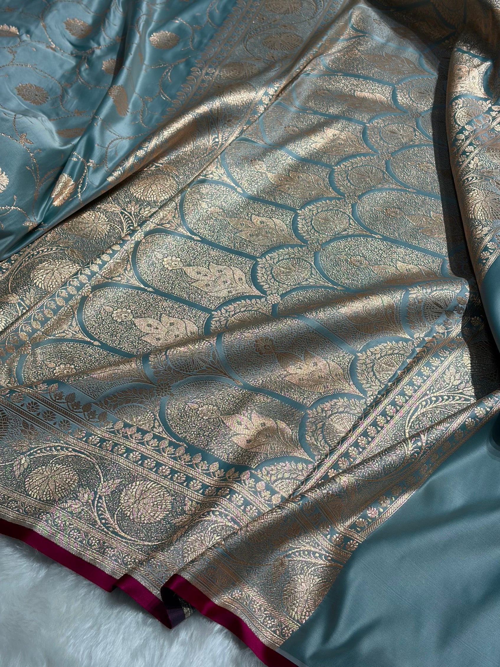 Turquoise Banarasi Jaal Satin Katan Silk Saree SK06