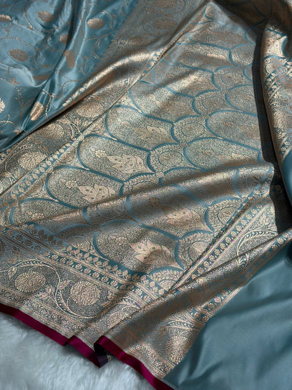 Turquoise Banarasi Jaal Satin Katan Silk Saree SK06