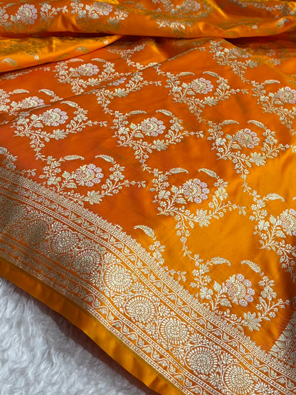 Banarasi Satin Katan Saree With Minakari Jaal Pattern in Mustard Shades SK126