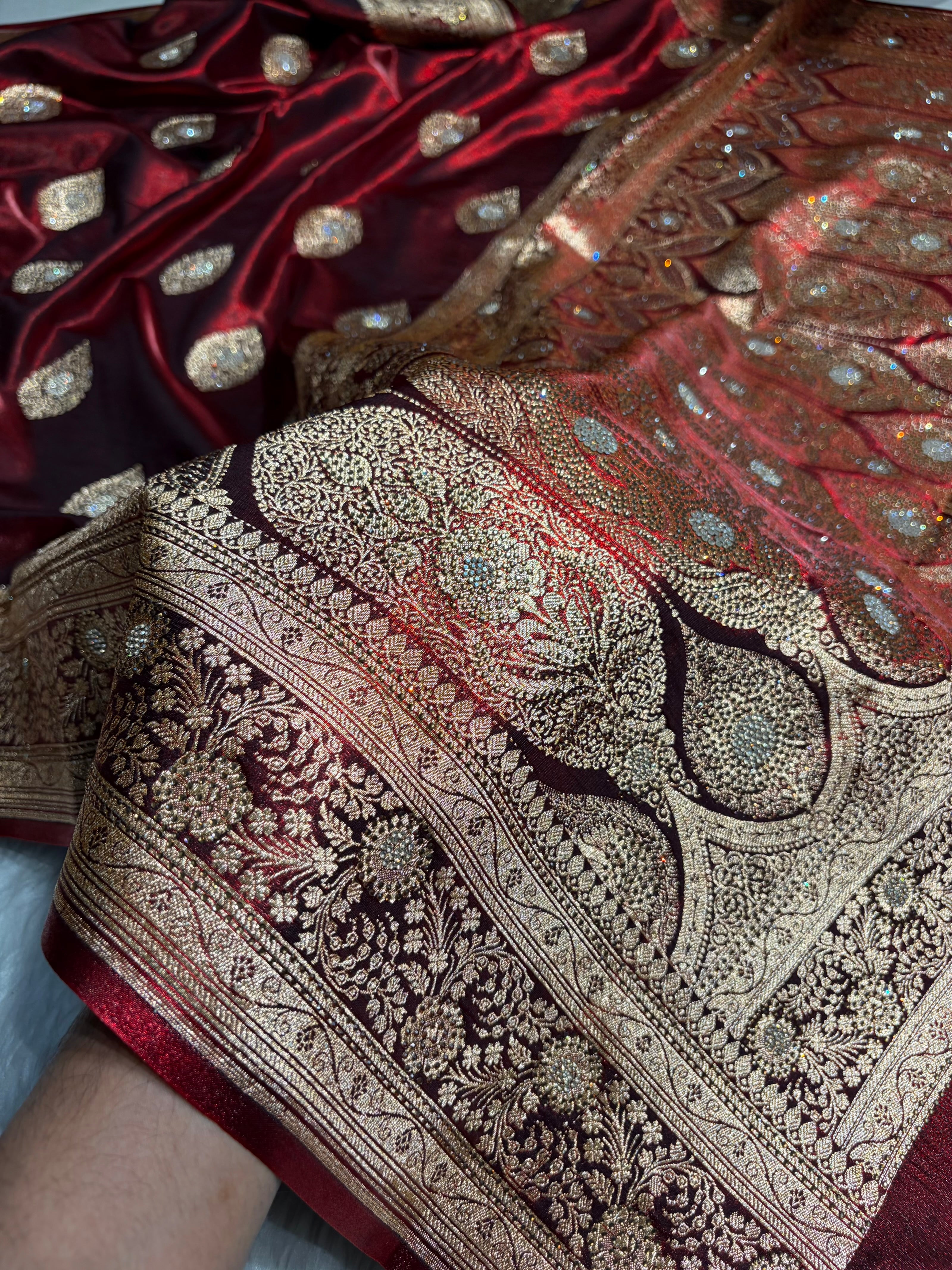 Maroon Shades Banarsi Satin Silk Boota with Stone Work BSS05