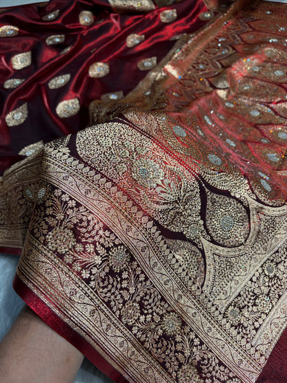 Maroon Shades Banarsi Satin Silk Boota with Stone Work BSS05