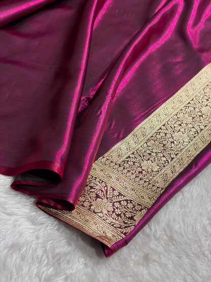 Wine Shades Stripe Pattern Banarasi Satin Silk Saree SS46