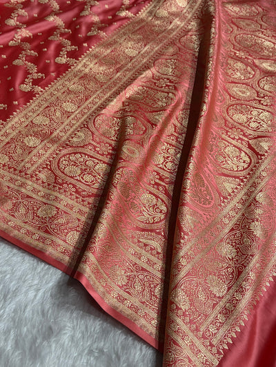 Banarasi Satin Katan Saree With Jaal Pattern in Gajiri Shades SK121
