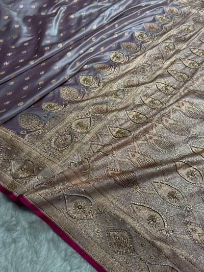 Banarasi Satin Katan Silk Saree With Ari Zardozi Work In Grape Shades BSK10
