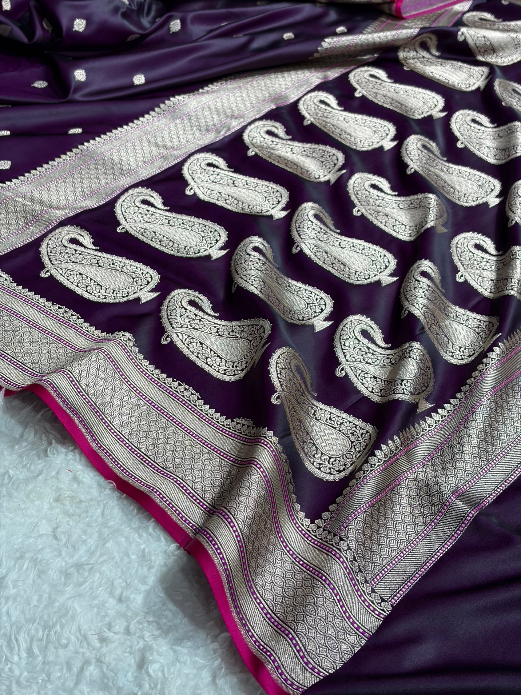 Banarasi Wine Boota With Floral Border Mashru Silk Saree