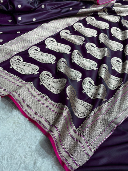 Banarasi Wine Boota With Floral Border Mashru Silk Saree