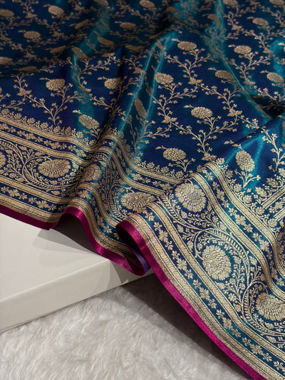 Peacock Shades Jaal Pattern Banarasi Satin Silk Saree SS55