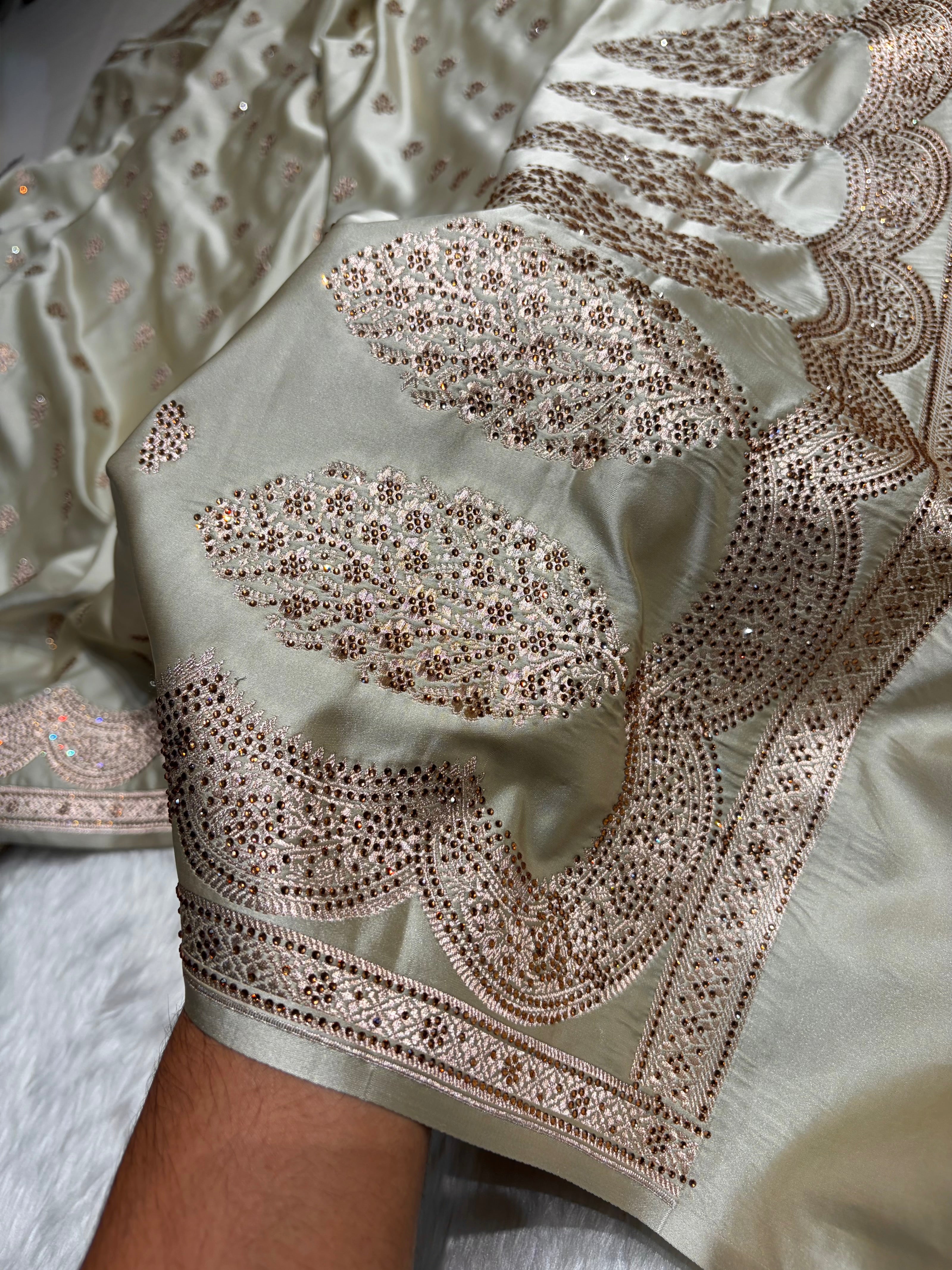 Light Pista Scallop Mashru Silk with Swarovski work BMS02