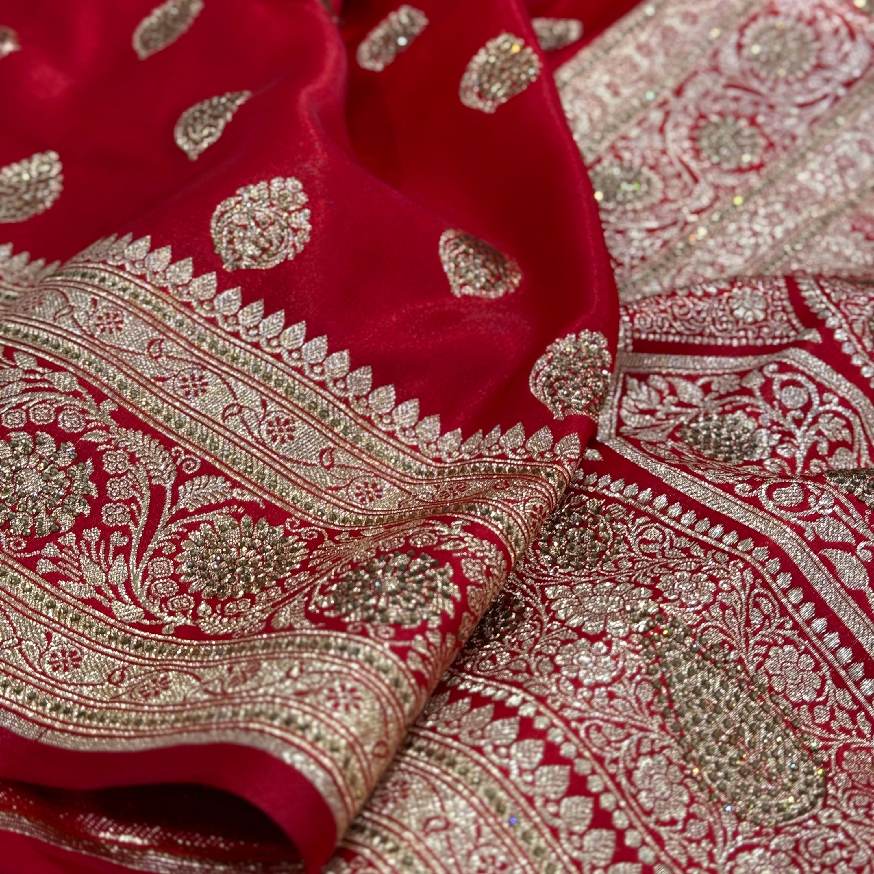 Red Boota Satin Silk Saree with Swarovski work