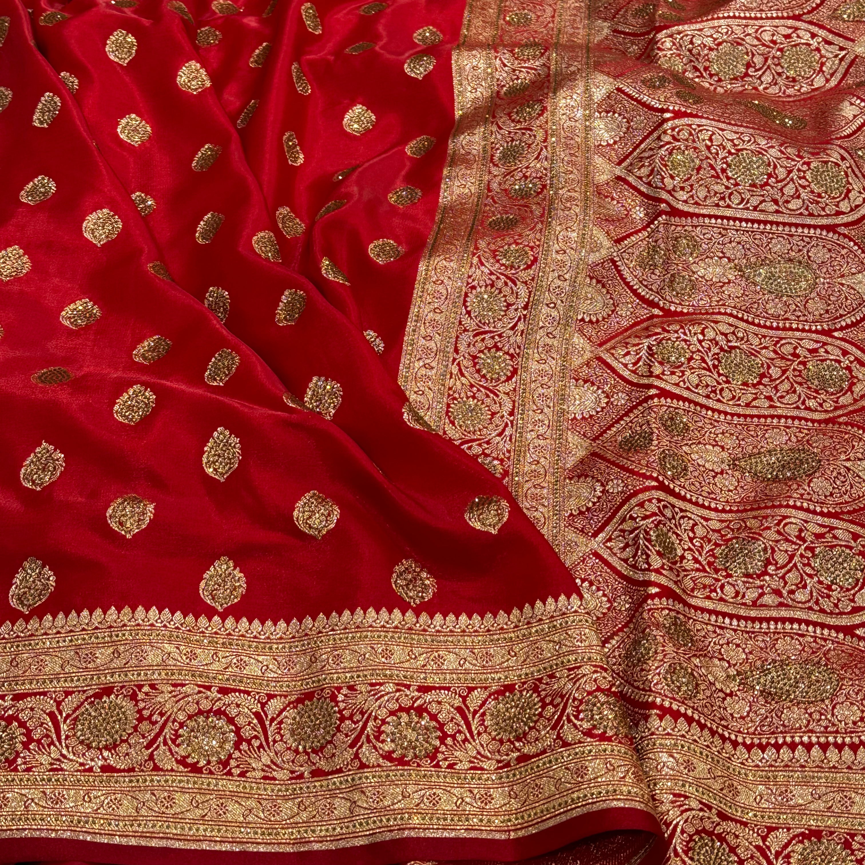 Red Boota Satin Silk Saree with Swarovski work