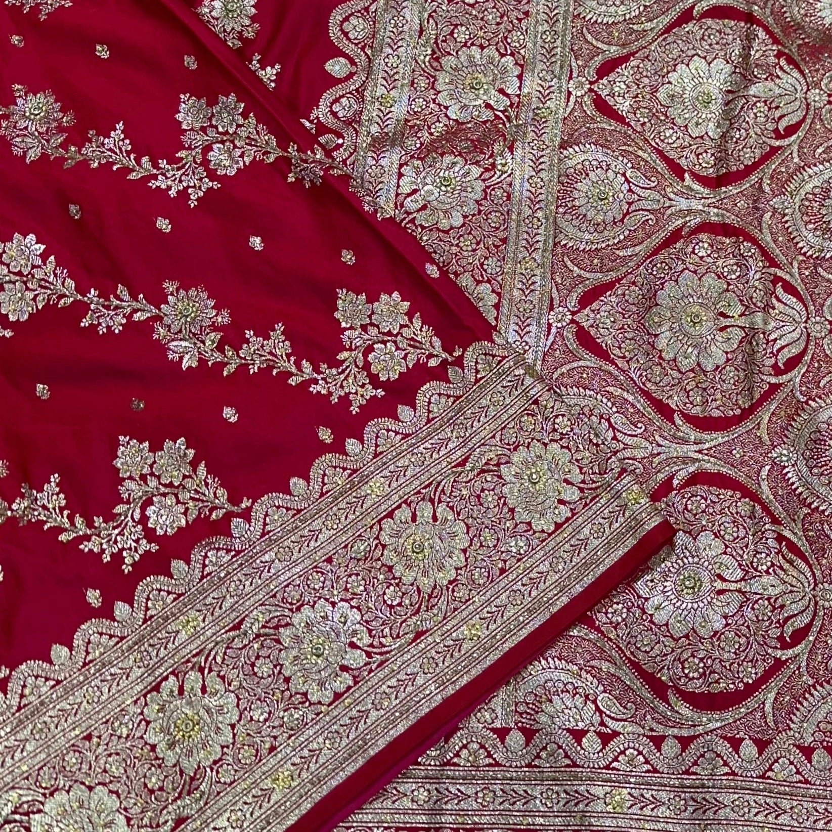 Red and Rani Cross Katan Silk Saree with Ari and Stone Work