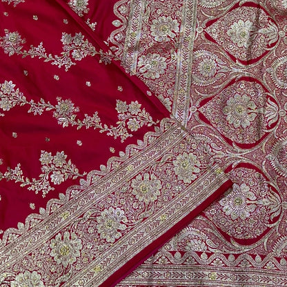 Red and Rani Cross Katan Silk Saree with Ari and Stone Work