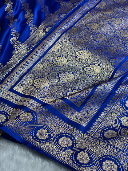 Royal Blue Floral Cross Pattern Satin Katan Silk Saree SK74
