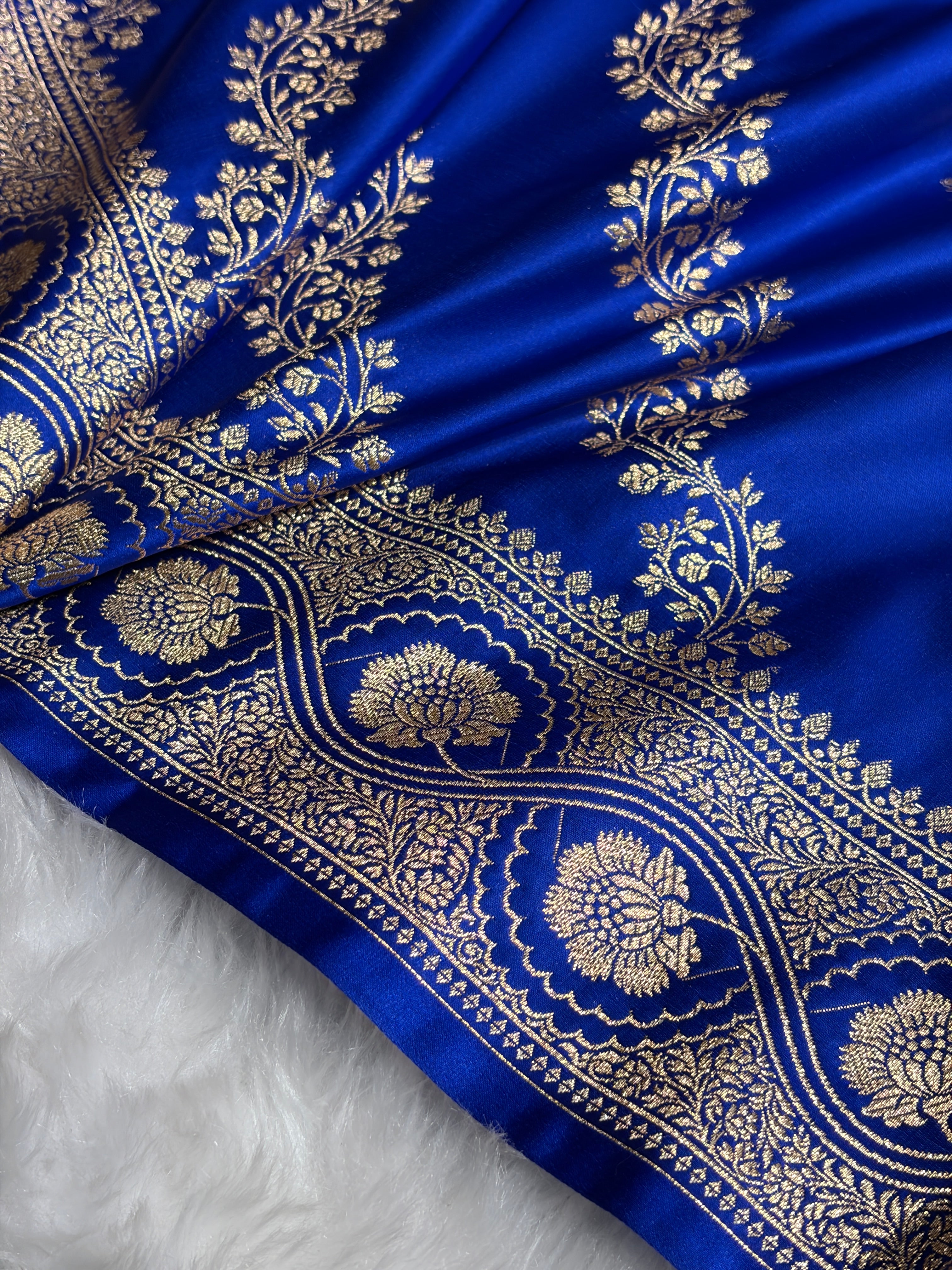 Royal Blue Floral Cross Pattern Satin Katan Silk Saree SK74
